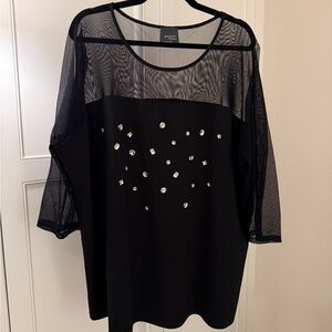 Persona by Marina Rinaldi Black Top with Sheer Sleeves and Embellishments